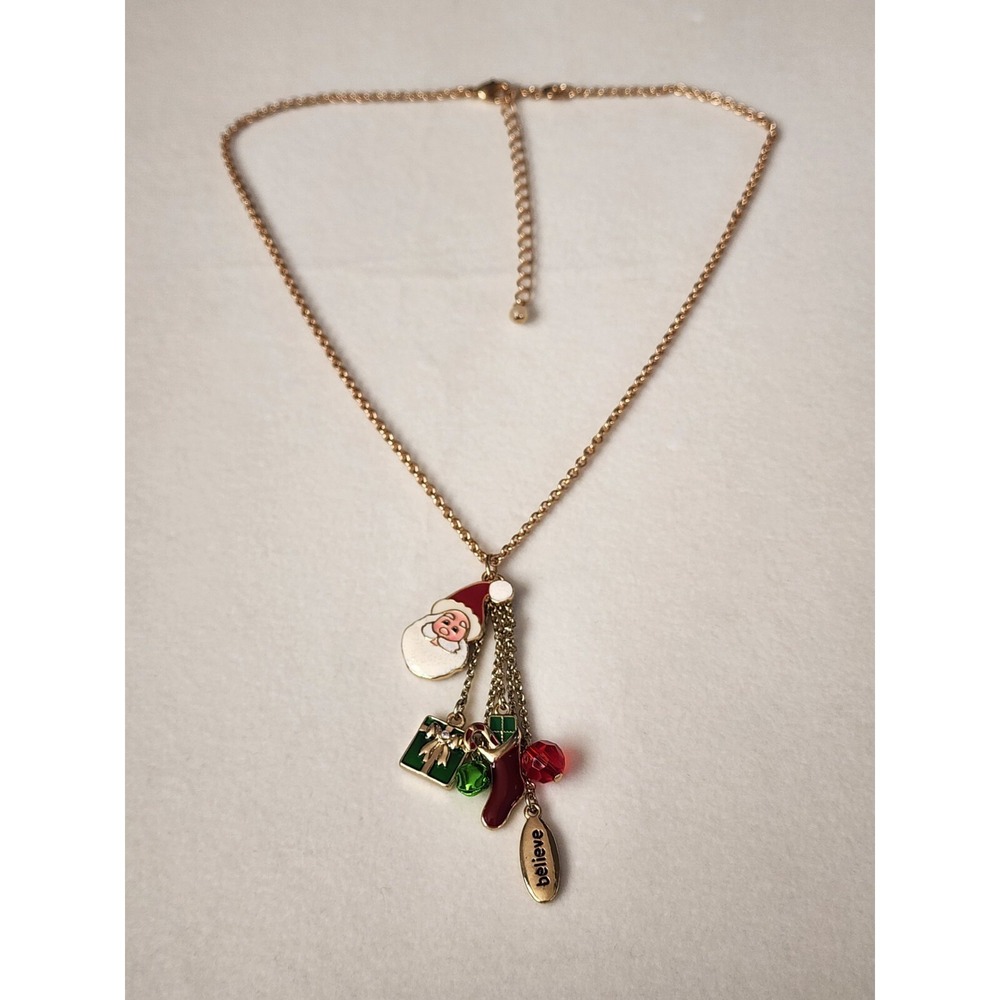Vtg NRT Signed BELIEVE Christmas Tree Stocking Santa Present Charm Necklace Avon